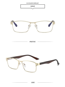 Detailed front and side views of gold rectangle glasses with slim metal frames