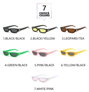 Detailed grid view showing seven trendy narrow rectangular sunglasses in various colors