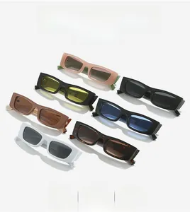 Collection of retro narrow rectangular sunglasses in various colors and vibrant lenses
