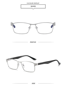 Front and side view of silver rectangular metal eyeglasses frame with black earpieces