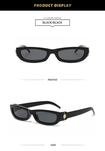 Detail view of black rectangular sunglasses with metallic hinge and side profile
