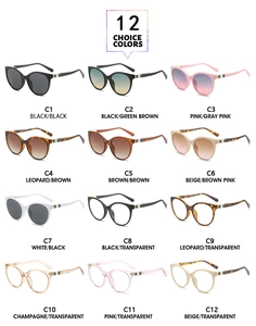 Matrix display of twelve vintage round sunglasses and clear frames in various trendy colors
