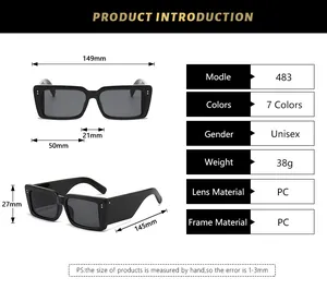 Detailed size chart for retro rectangular sunglasses showing dimensions and PC material specs