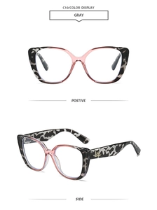 Detail view of grey leopard print cat-eye glasses with gold metallic letter accents