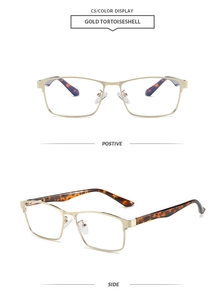 Detailed front and side views of gold metal rectangle glasses with tortoiseshell temples