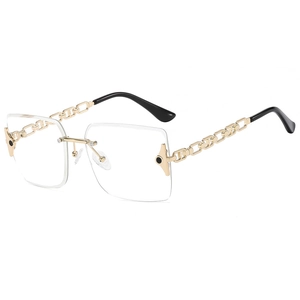 Fashionable rimless square metal sunglasses with unique hollow chain temples on white background