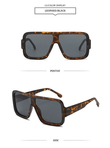 Front and side views of chunky leopard print square sunglasses with dark grey lenses