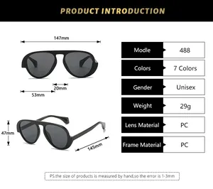 Detailed size chart for unisex aviator sunglasses with frame dimensions and specifications