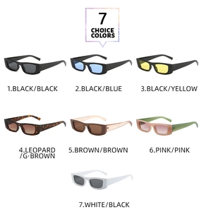 Detailed grid showing seven trendy color options for retro rectangular slim sunglasses