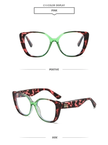 Detailed views of pink cat-eye optical frames with tortoiseshell sides and golden logo