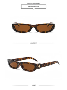 Detail of leopard print rectangle sunglasses with gold accents and tea lenses