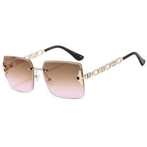 Frameless gradient lens sunglasses with gold metal chain temples for stylish women