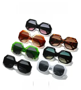 Detailed view of fashionable thick octagonal sunglasses in seven vibrant trend colors