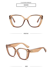 Detail view of brown cat-eye glasses with golden logo hinge and side profile display