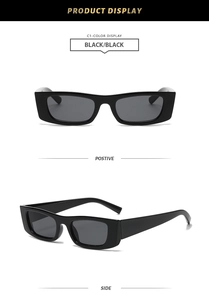 Detailed front and side view of trendy black rectangular sunglasses with UV protection lenses