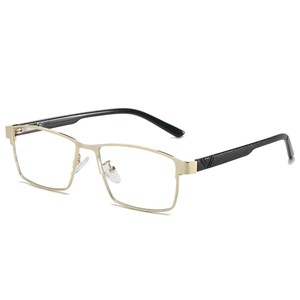 Classic vintage square gold metal frame glasses with black temples in a 45-degree side view