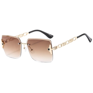Fashionable rimless square sunglasses with gold metal chain temples and gradient lenses