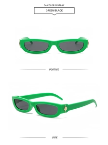 Detailed front and side views of small green frames with black lenses and gold accents