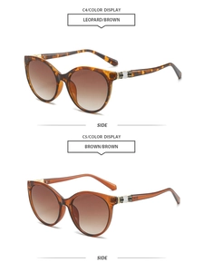Detail of cat-eye sunglasses with tortoise frames and metallic scale pattern temples
