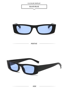 Detail view showing black rectangle frames with light blue lenses from front and side