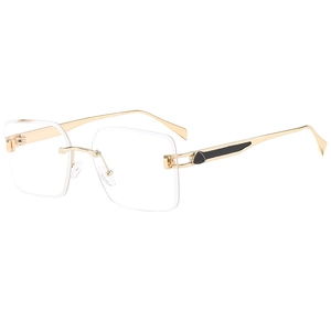 Retro rimless square sunglasses with gold metal frames and clear lenses for fashion wear