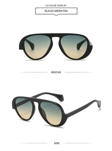 Front and side view of black pilot sunglasses with blue-brown gradient lenses
