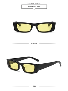 Front and side view of retro small rectangular black frame sunglasses with yellow lenses