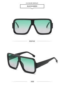 Detail view of square oversized sunglasses with green gradient lenses and black frames