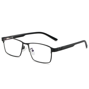 Classic black rectangle frame glasses with textured temples and V-shaped metal logo