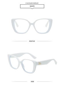 White cat-eye glasses frame with side gold metal logo detail and polished finish