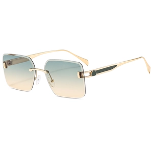 Retro rimless square sunglasses with gradient teal lenses and gold metal temples