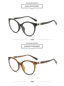 Side view detail of black and leopard print cat-eye frames with metallic hinge accents