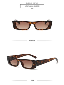 Front and side view of trendy leopard print rectangle sunglasses with brown gradient lenses
