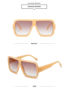 Detailed front and side views of orange square oversized sunglasses with brown gradient lenses