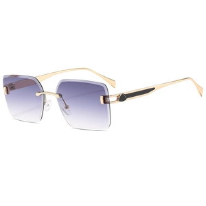 Modern rimless oversized sunglasses with purple gradient lenses and golden metal frames