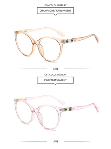 Detail view of champagne and pink transparent cat-eye frames with decorative metal hinges