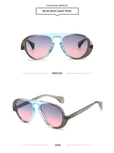 Front and side view of pilot sunglasses with blue-gray frames and gradient lenses