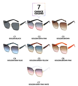 Detailed display of seven stylish cat-eye rimless sunglasses with gold metal frames