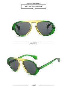 Detailed views of C5 yellow and green gradient aviator sunglasses from positive and side angles