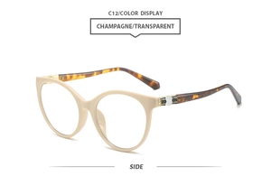 Detail of champagne cat-eye frame with tortoise temples and metal hexagonal hardware