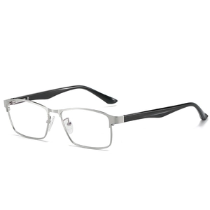 Retro square anti-blue light glasses with silver metal frames and black temples