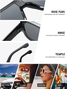 Detailed views of square sunglasses featuring comfortable nose pads and durable hinges