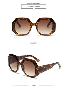Front and side views of leopard print octagonal sunglasses with brown gradient lenses