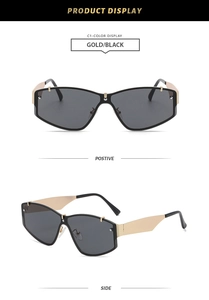 Vues de face et de côté de lunettes de soleil tendance sans monture en métal doré et noir