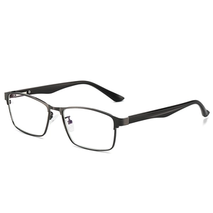 Business style square blue light blocking glasses in gunmetal finish, 45-degree view