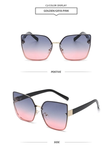 Front and side view of rimless cat-eye sunglasses with gold bridge and gradient lenses