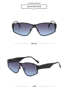 Vues de face et de profil de lunettes de soleil oversize avec verres dégradés noir-gris-bleu