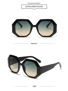 Close-up of black octagonal sunglasses with gradient blue to yellow lenses in two views