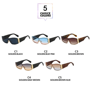 Five assorted frame colors of rimless shield sunglasses featuring metal-acetate spliced temples