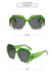 Front and side views of green and black octagonal oversized sunglasses with grey lenses